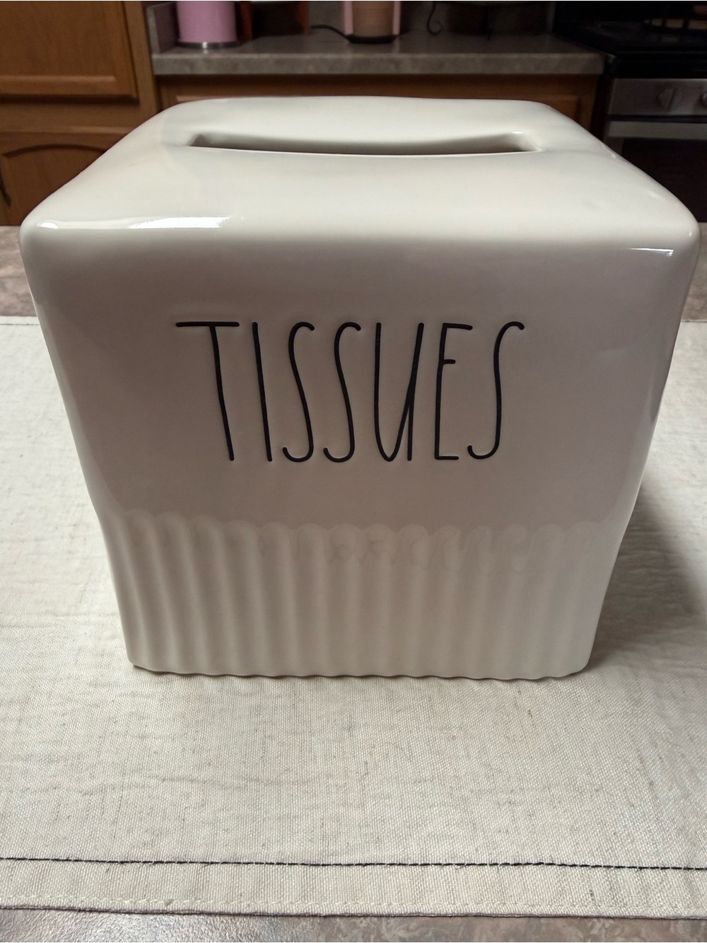 Rae Dunn Ceramic 'TISSUES' Box Cover in Glossy White